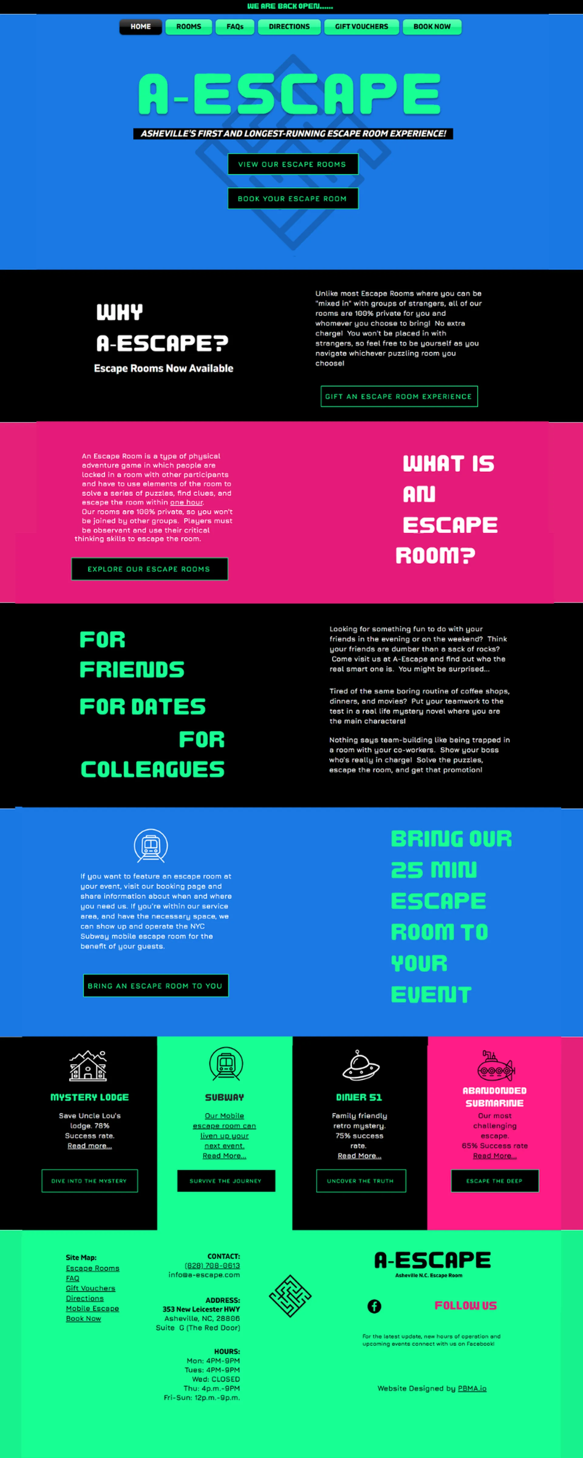 A-Escape redesigned website, full homepage