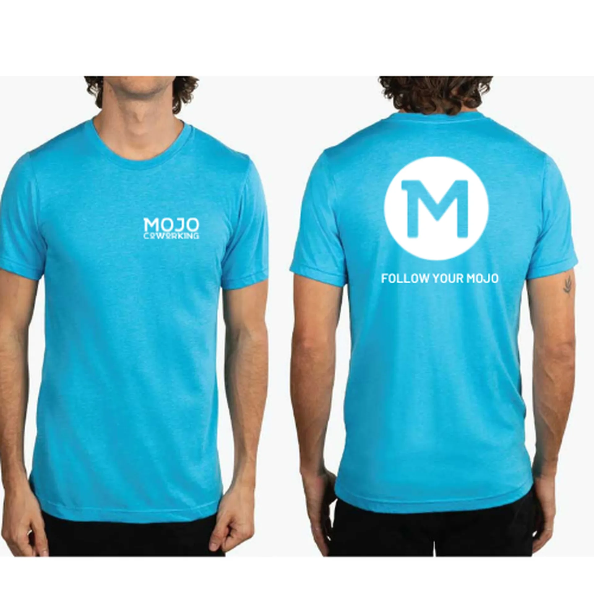 Blue Mojo Coworking t-shirt, front and back