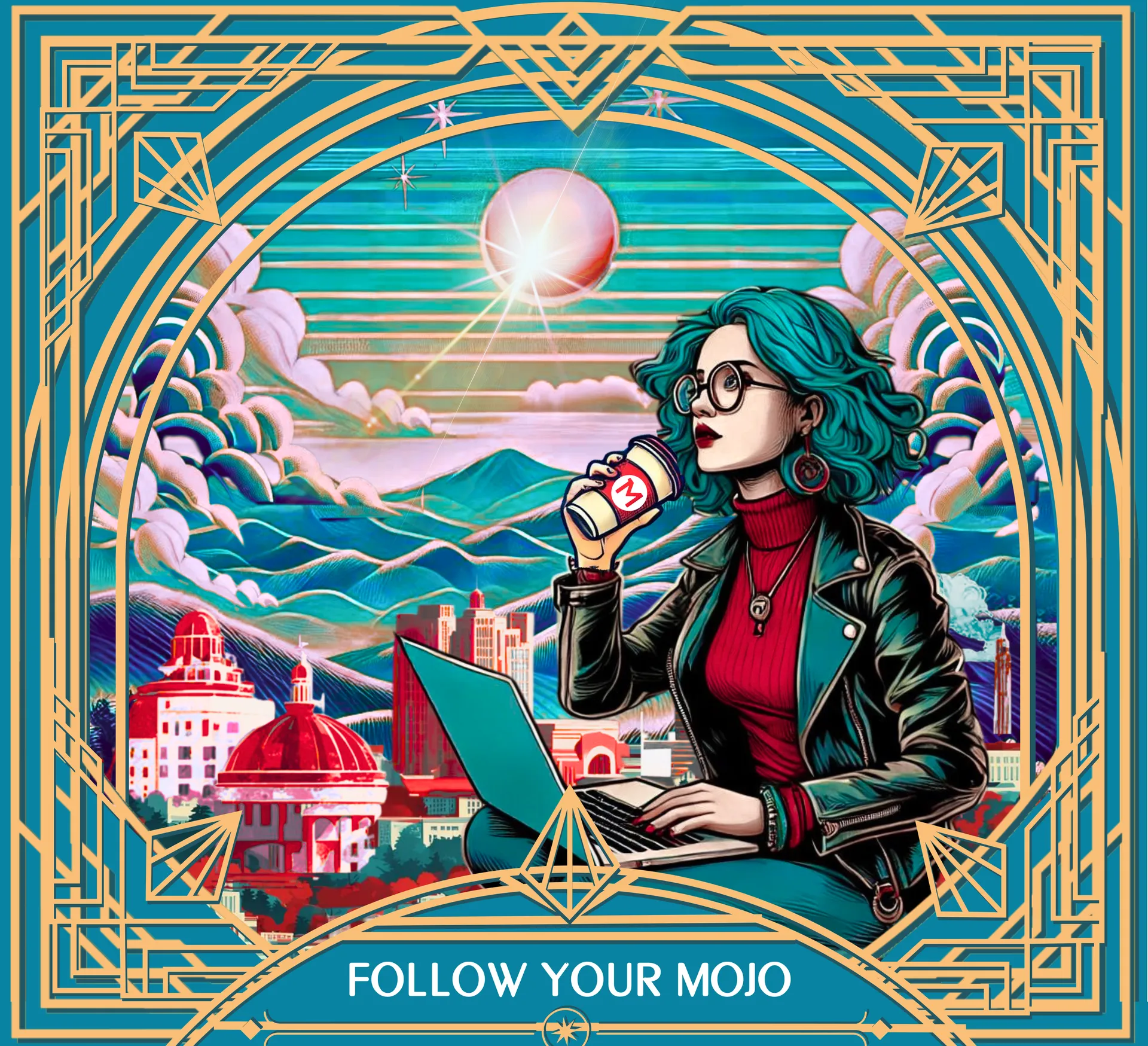 "Follow Your Mojo" illustrated window mural art