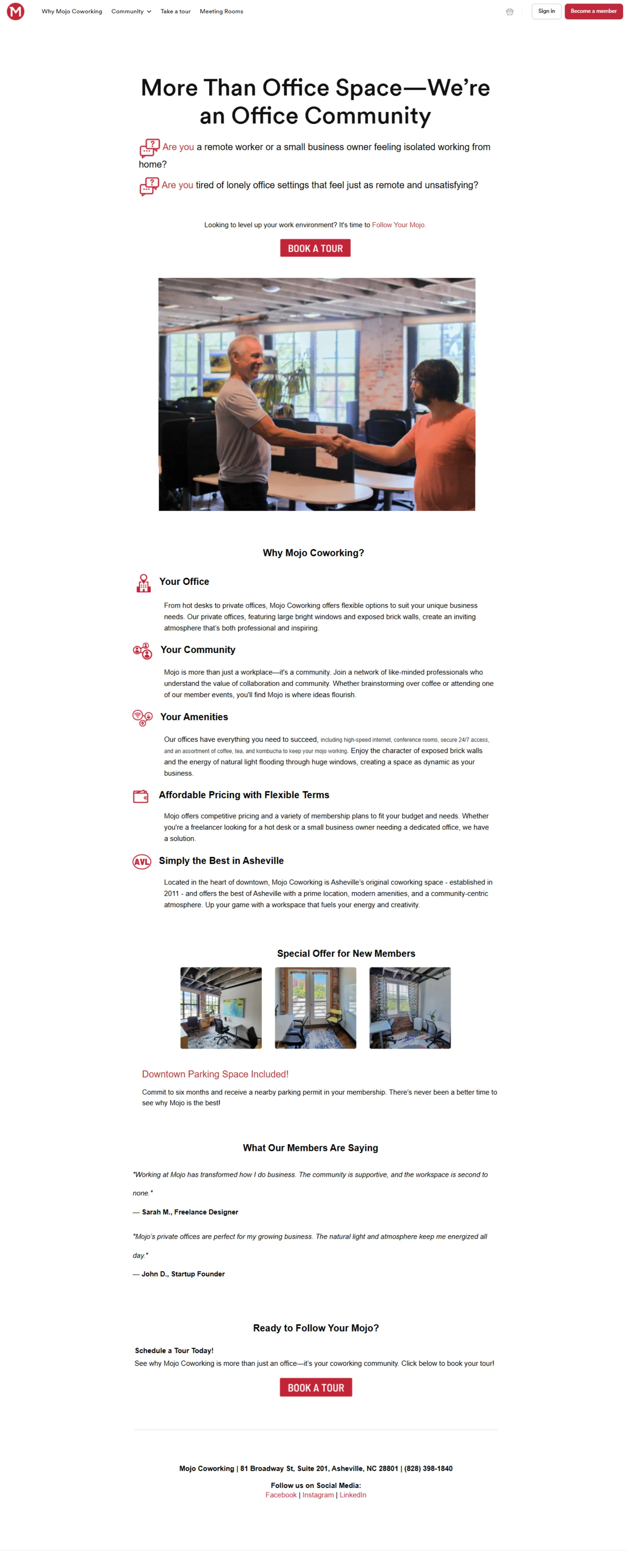 Mojo Coworking web page, full length