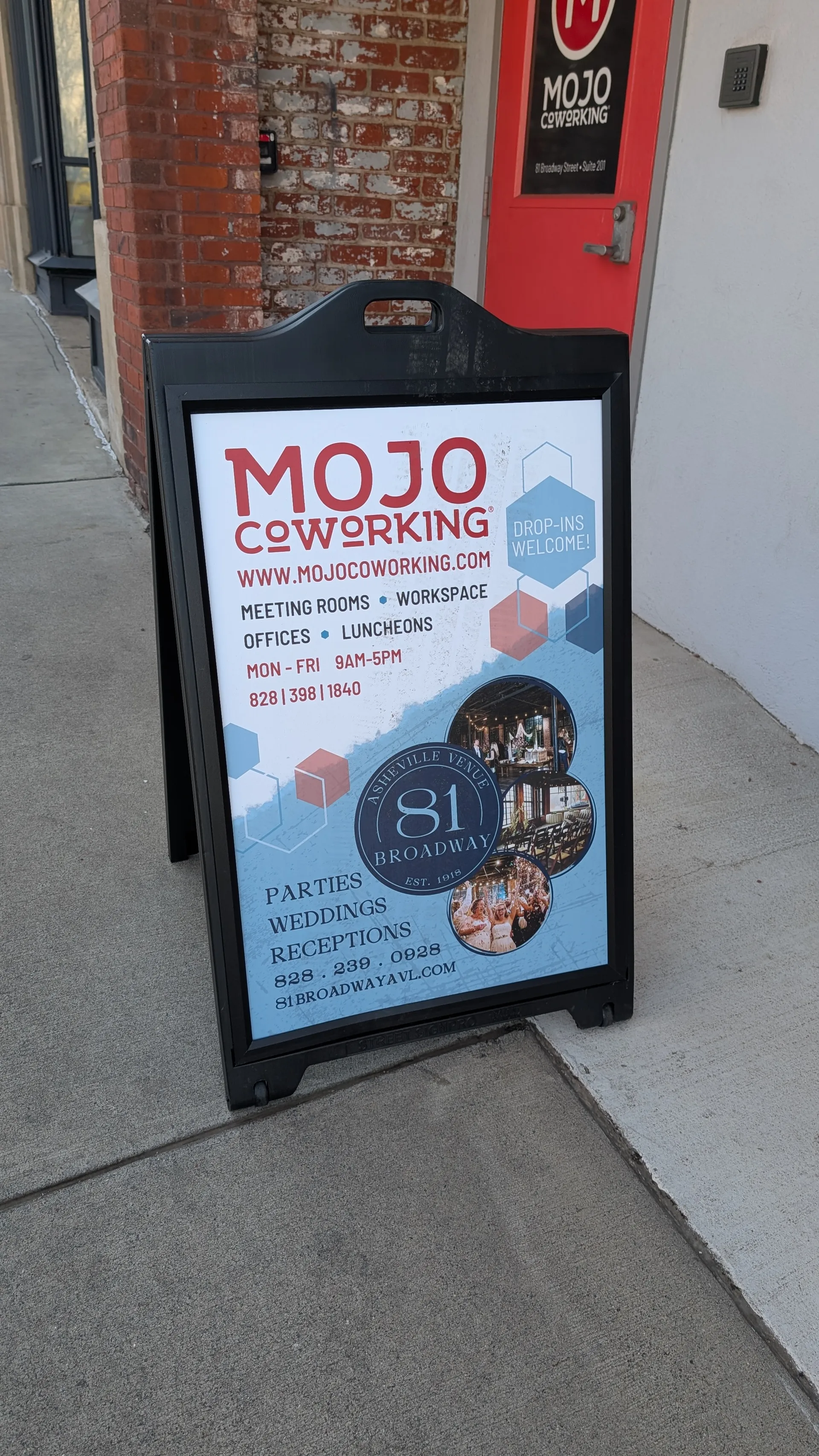 Mojo Coworking sidewalk sandwich-board sign