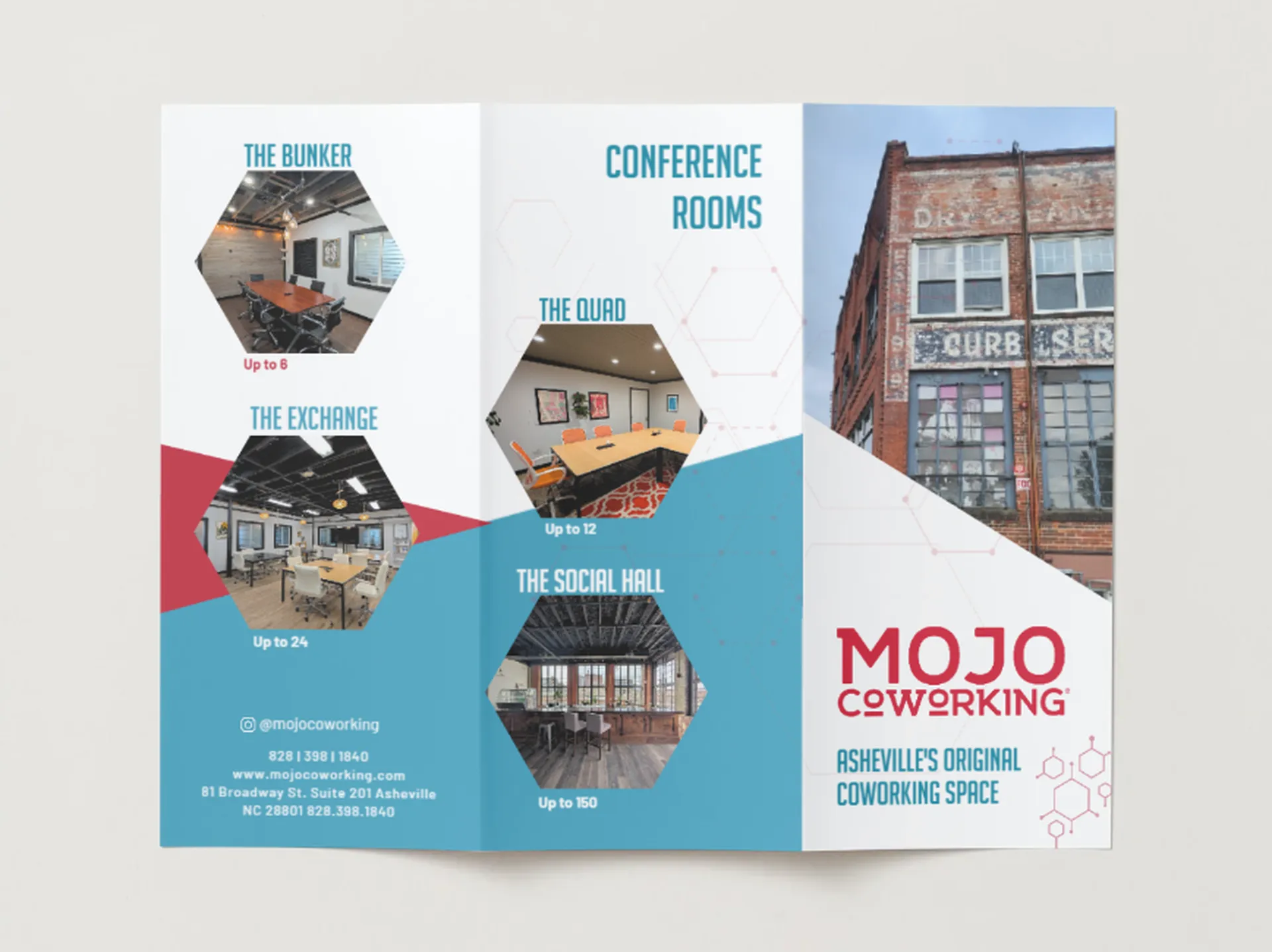 Mojo Coworking trifold brochure, outside panels