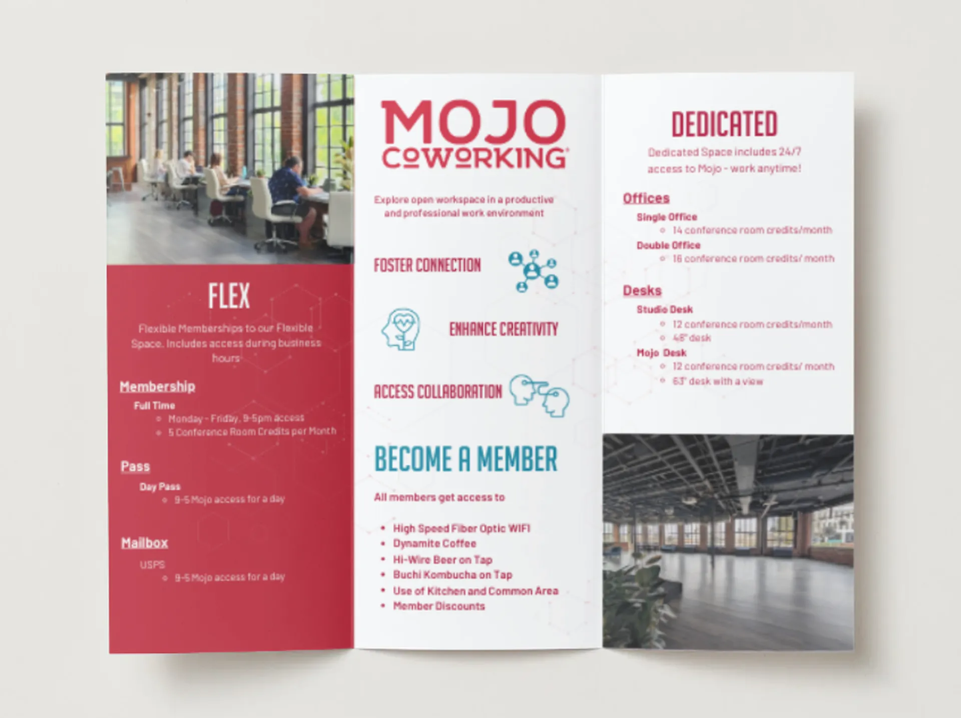 Mojo Coworking trifold brochure, inside panels