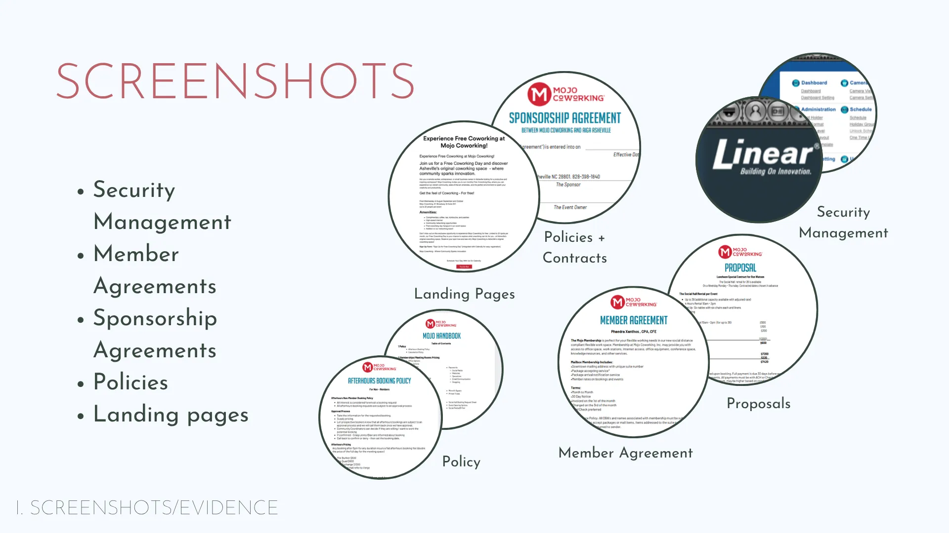 Slide 15: Nexudus: screenshots of policies, agreements and landing pages