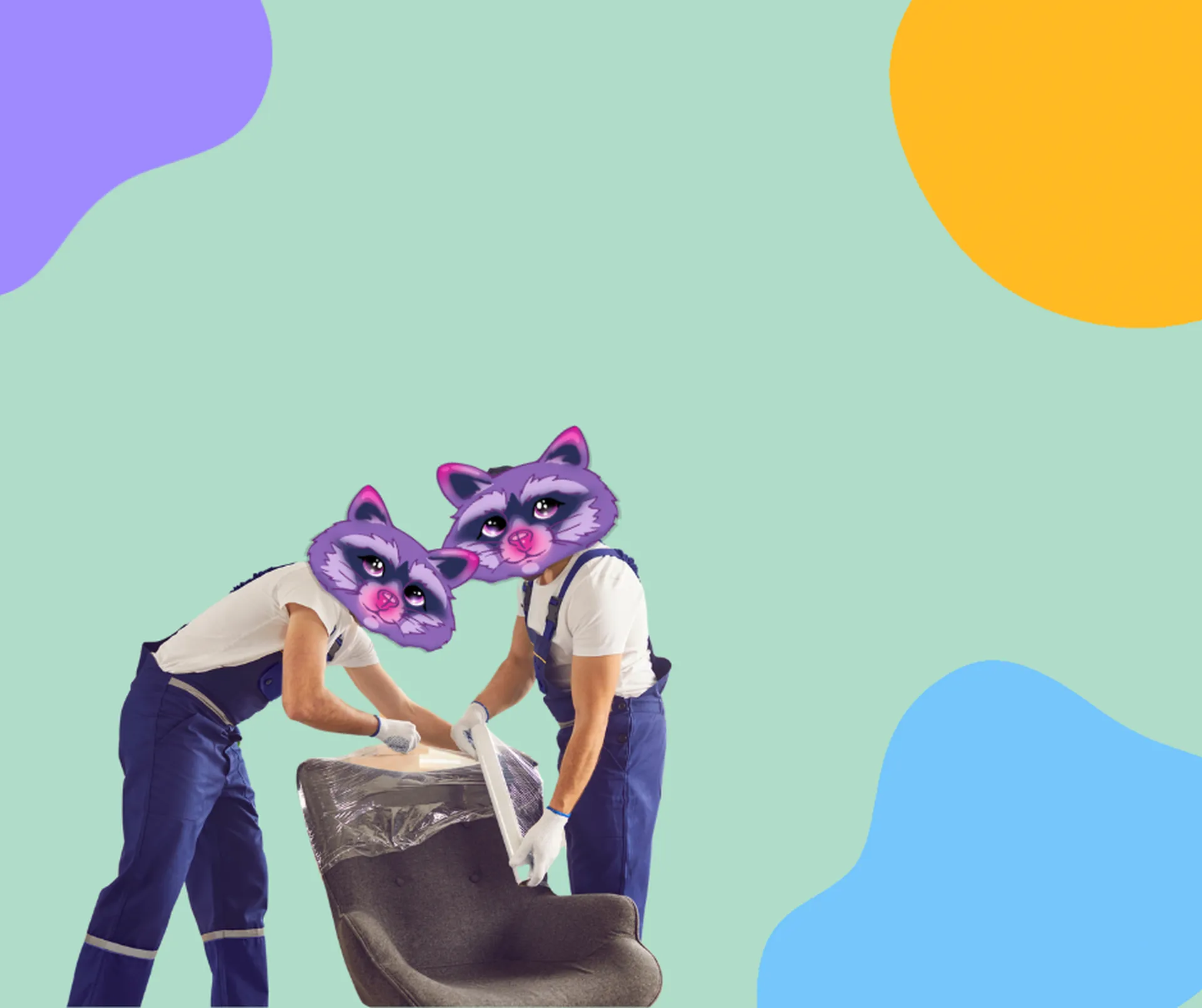 Raccoon-mascot movers hauling a chair