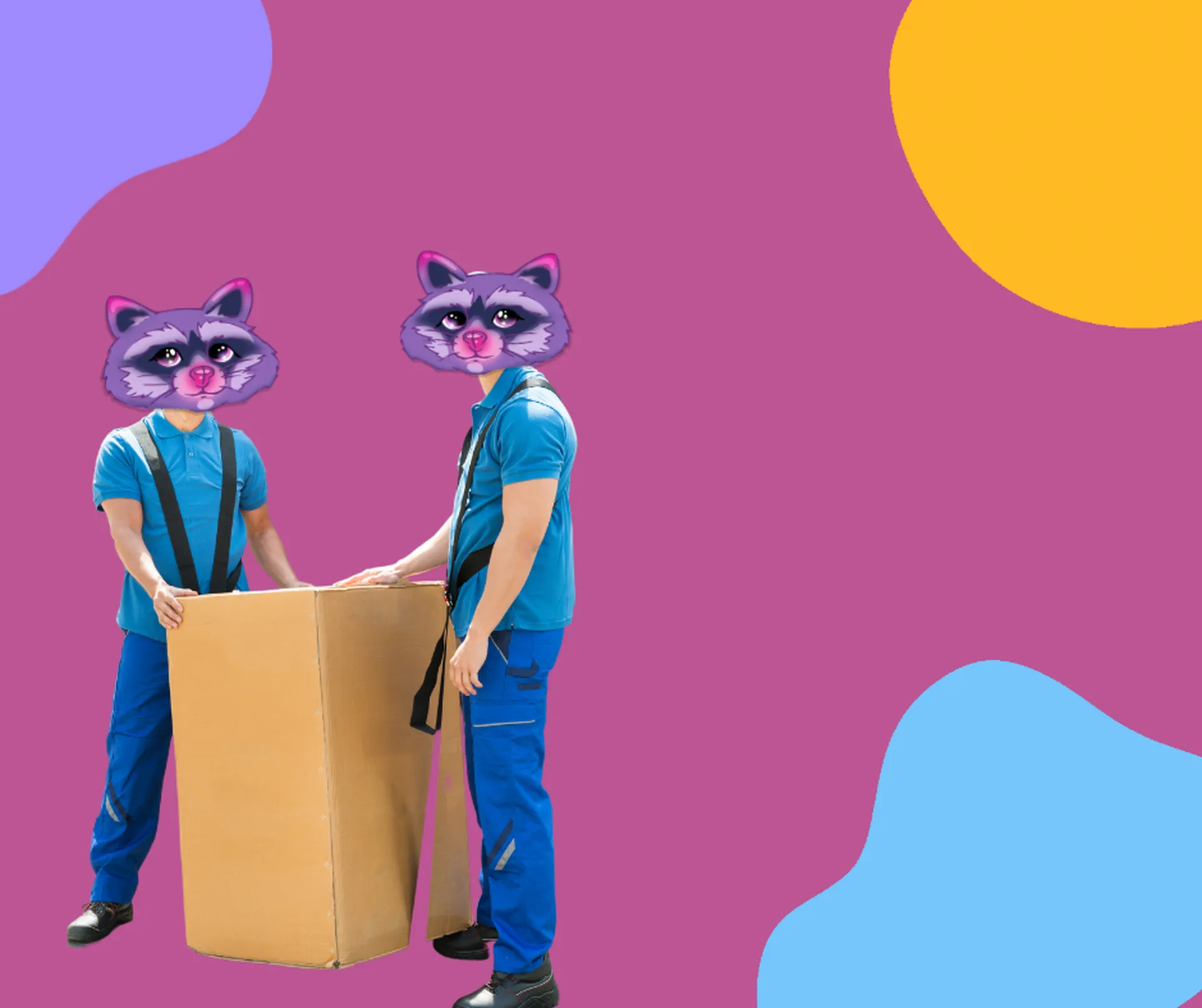 Raccoon-mascot movers carrying a box