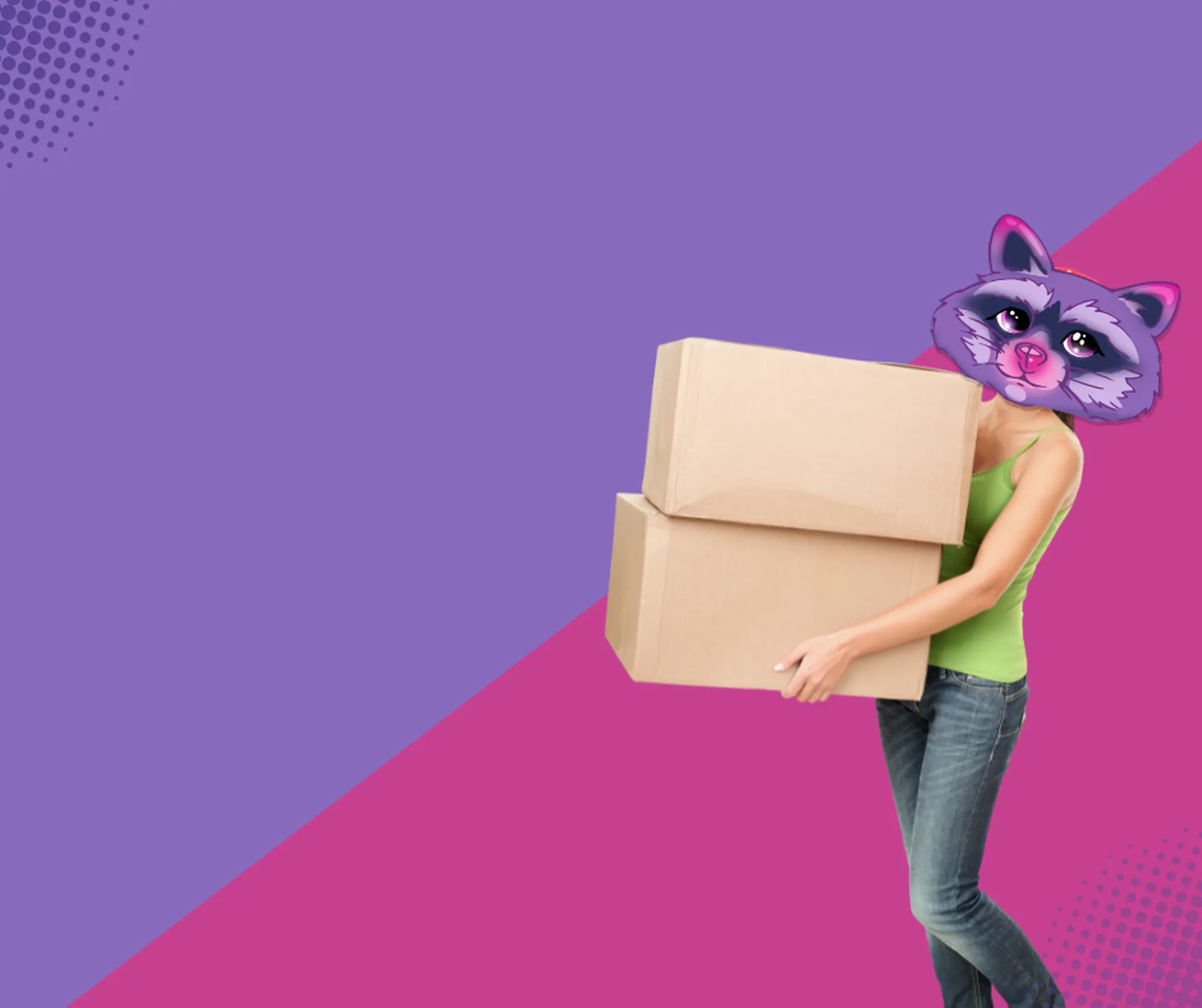 Raccoon-mascot mover carrying boxes