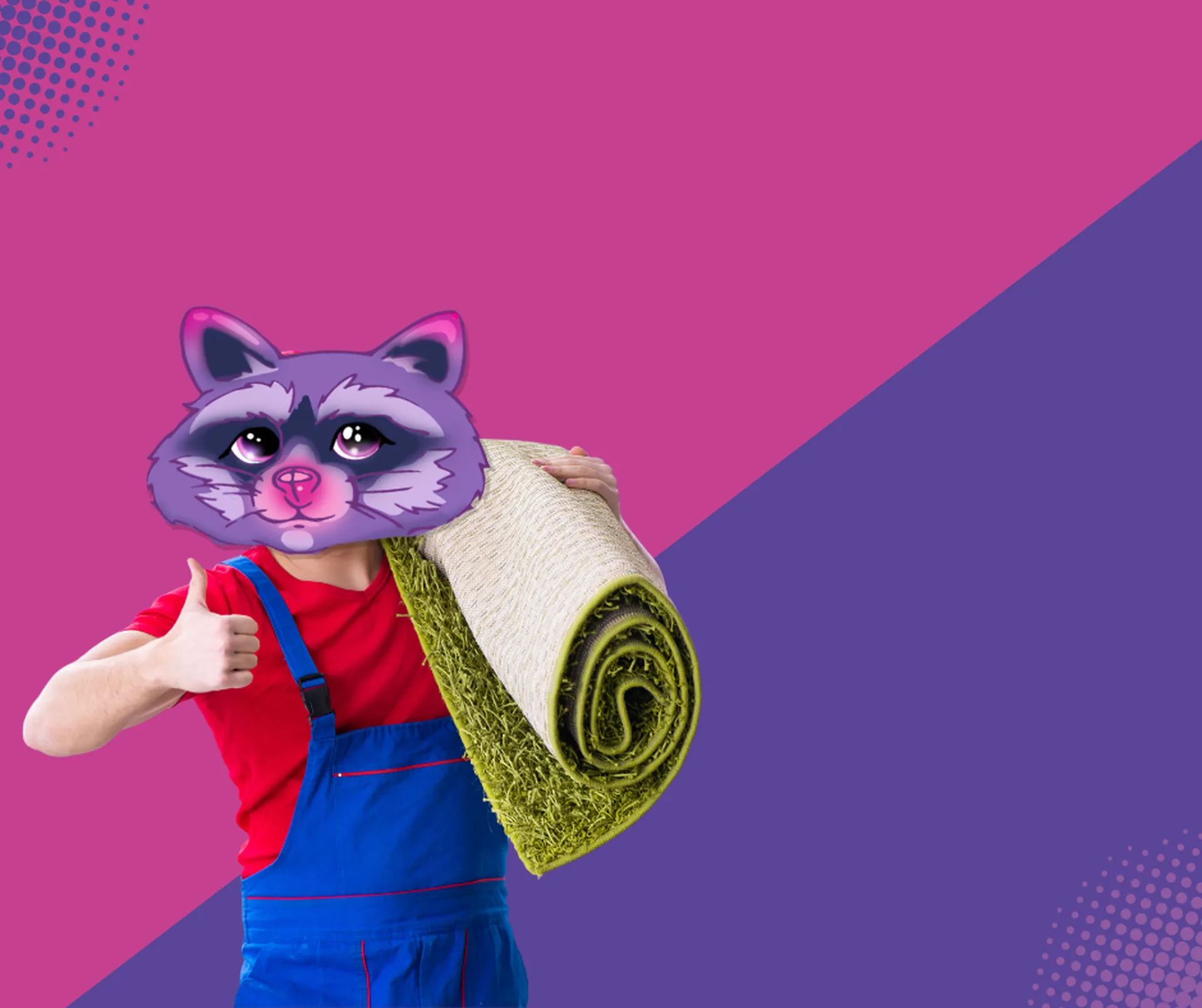 Raccoon-mascot mover with a rolled rug