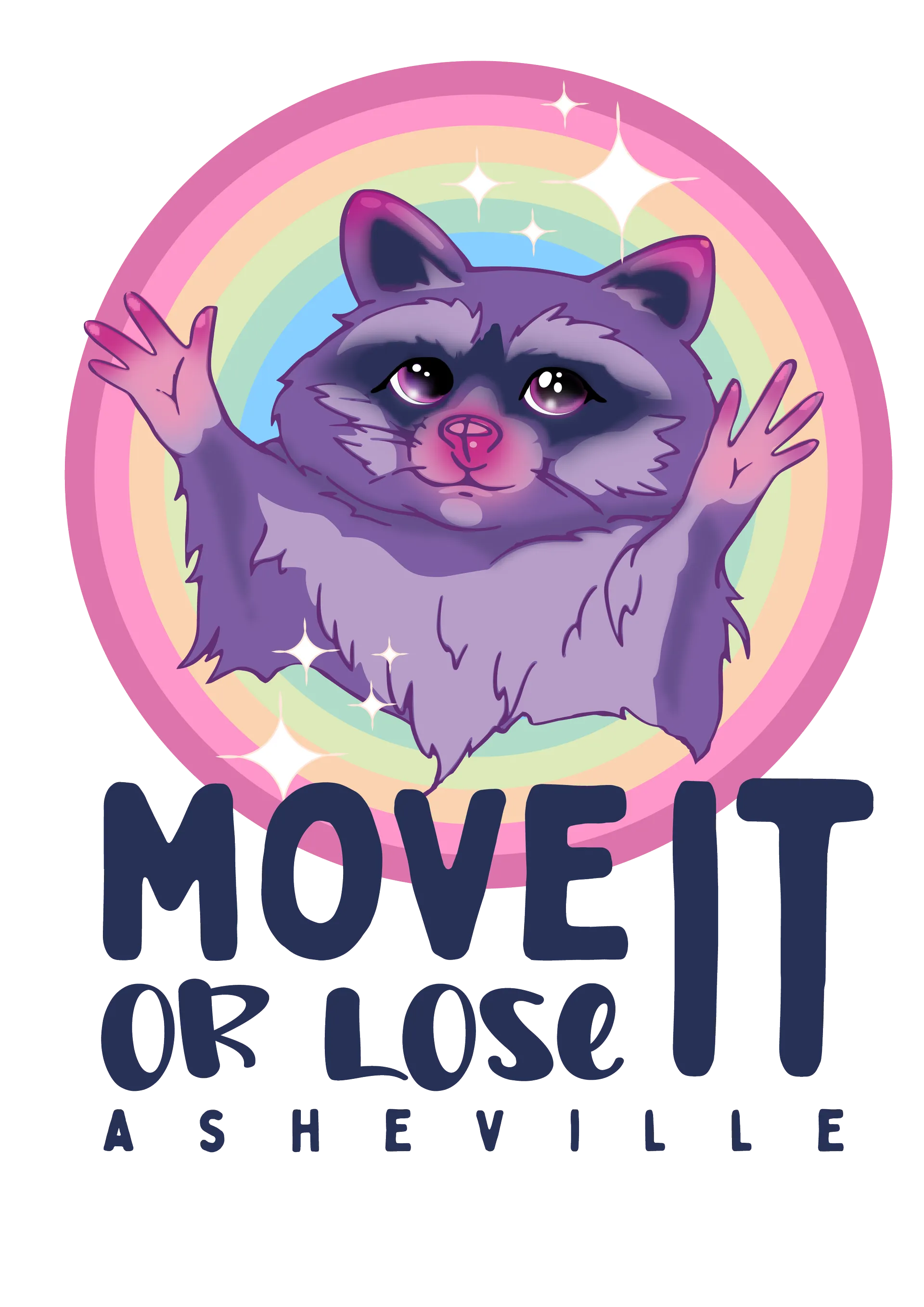 Move It or Lose It stacked logo with raccoon mascot
