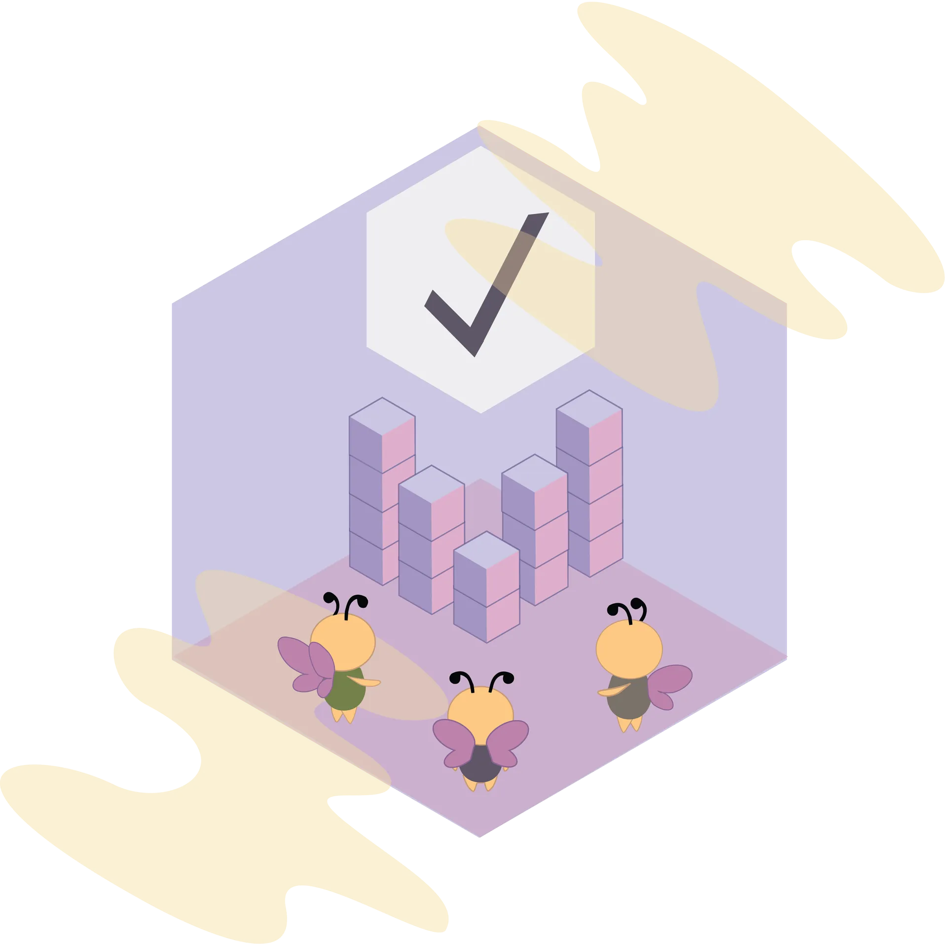 Isometric illustration: bees building, with checkmark