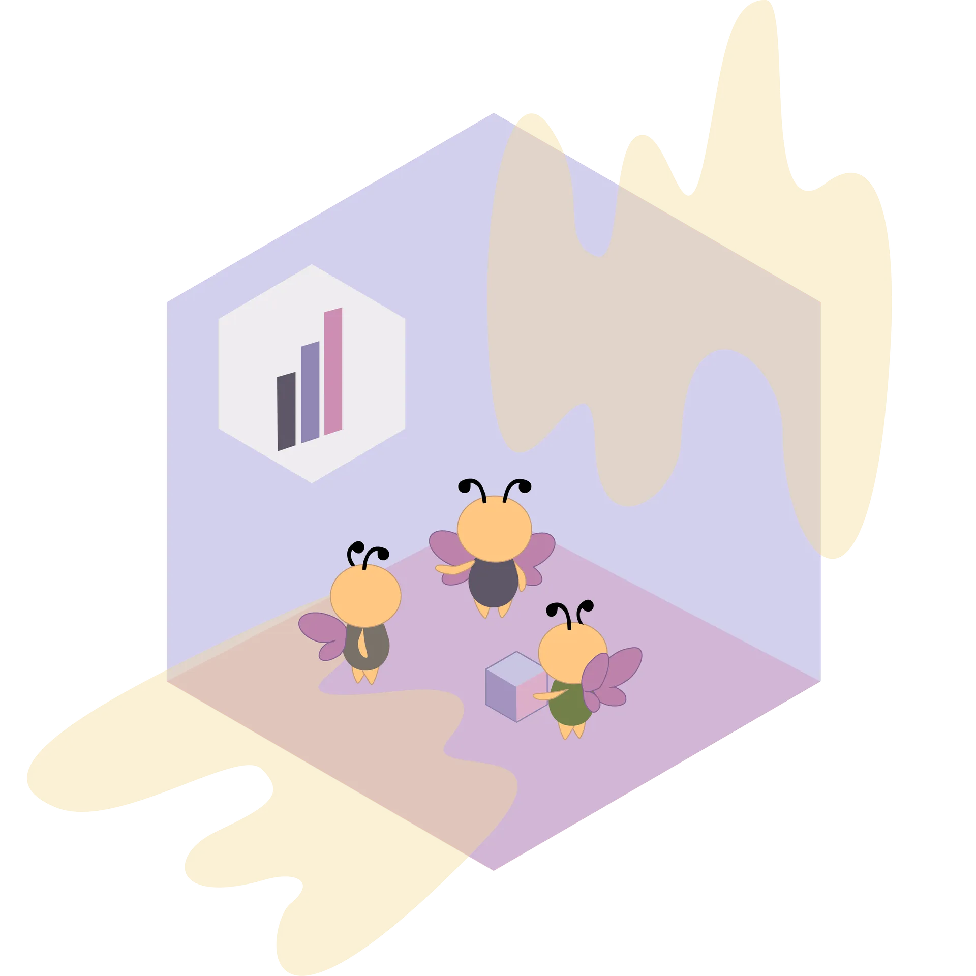 Isometric illustration: bees with a bar chart