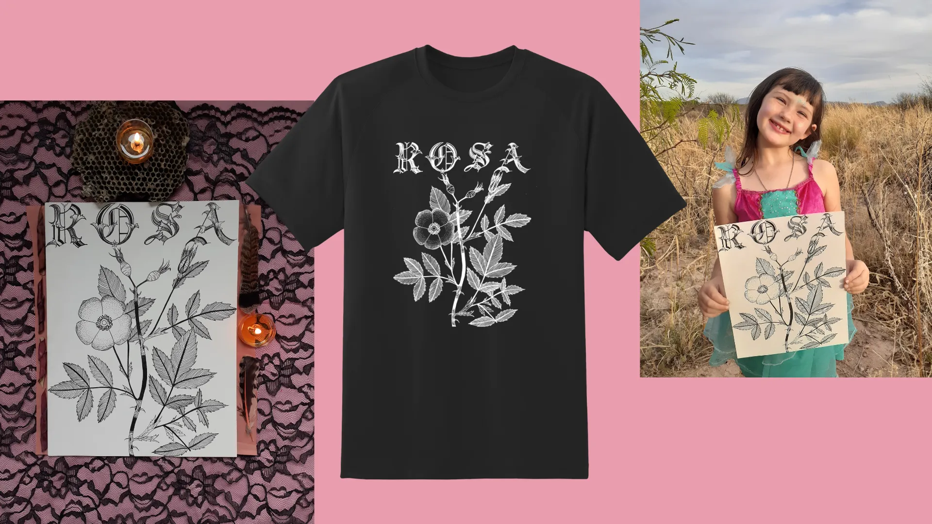 Rosa print on a black t-shirt