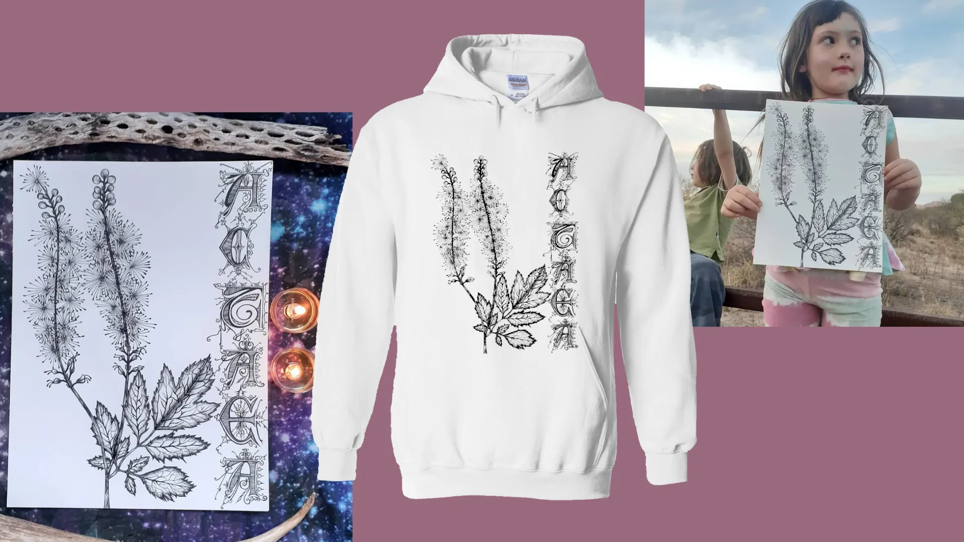 White hoodie with botanical print