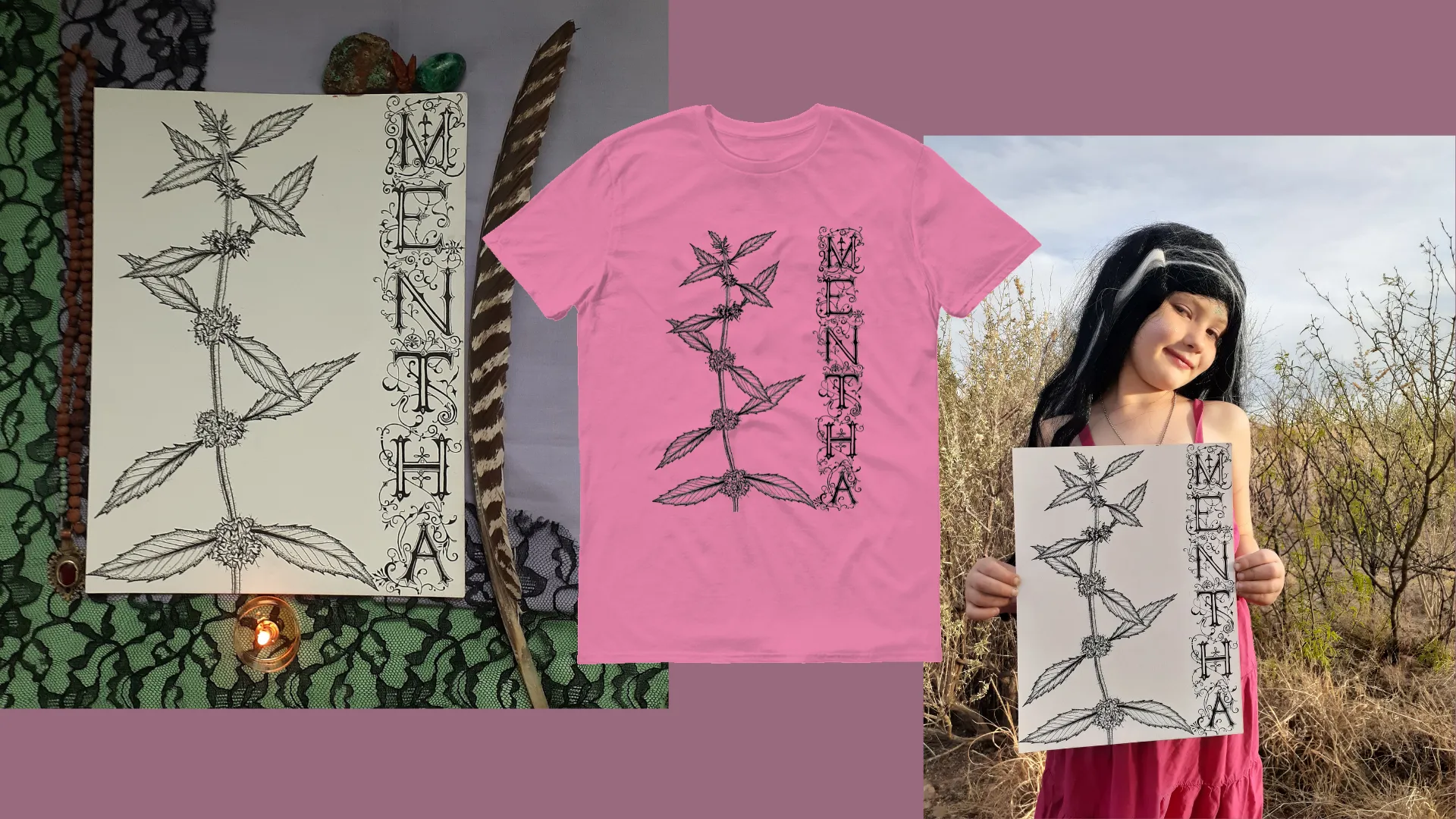 Pink t-shirt with botanical print