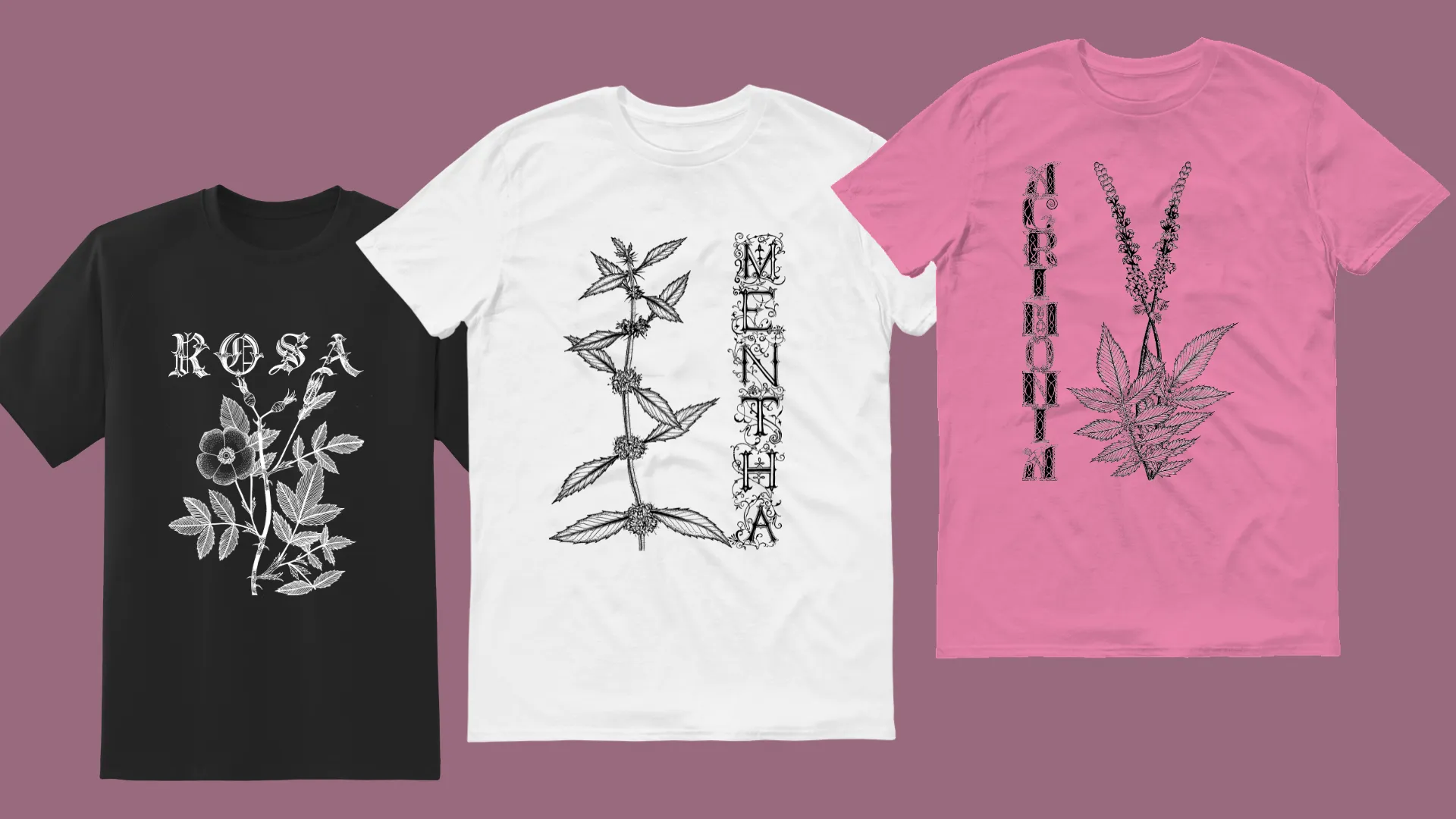 Rosa and botanical t-shirts in black, white and pink