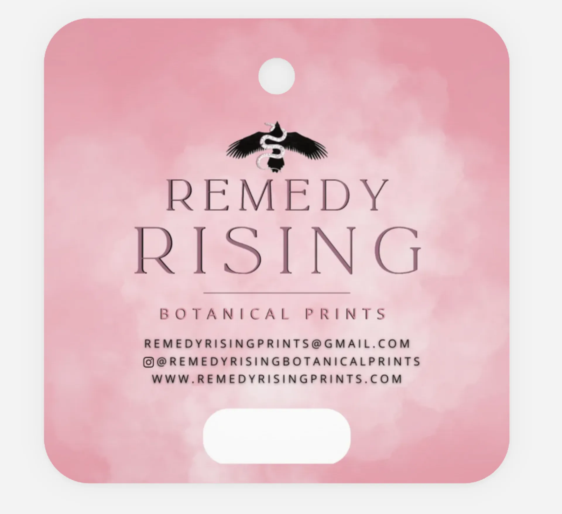 Remedy Rising hang tag with contact details
