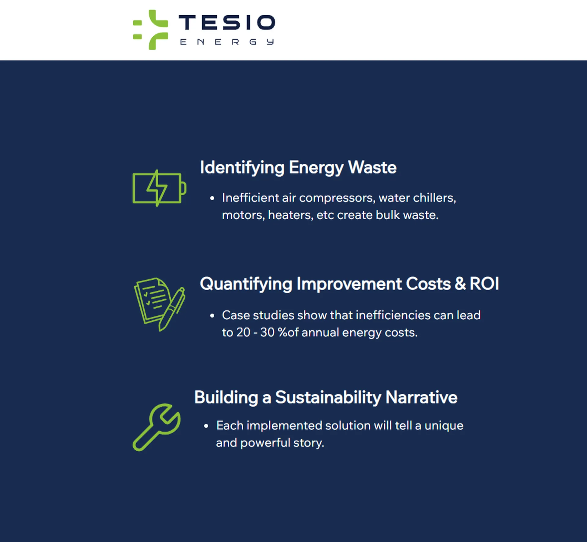 Tesio Energy services graphic: energy waste, ROI and sustainability
